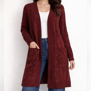 Women Burgundy Cable Knit Long Cardigan Open Front Pockets